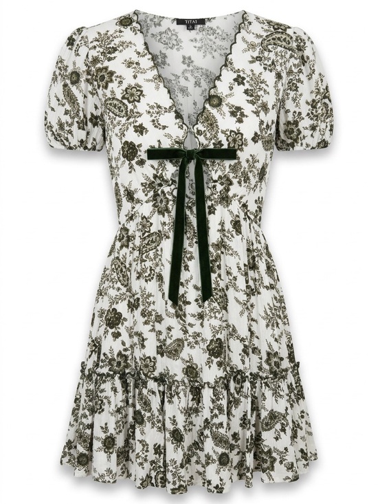 Trixxi Dresses & Skirts - Trixxi White Dress with Olive Floral Print and Velvet Tie |Cottagecore